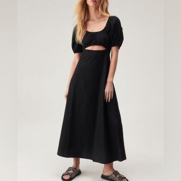 Nasty Gal puff sleeve A line Linen mix midi dress black size 6 NWT in packaging - Picture 1 of 4